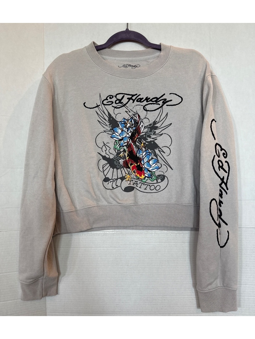 Ed Hardy XL Beige Cotton-Polyester Sweatshirt with Koi Fish Tattoo Design